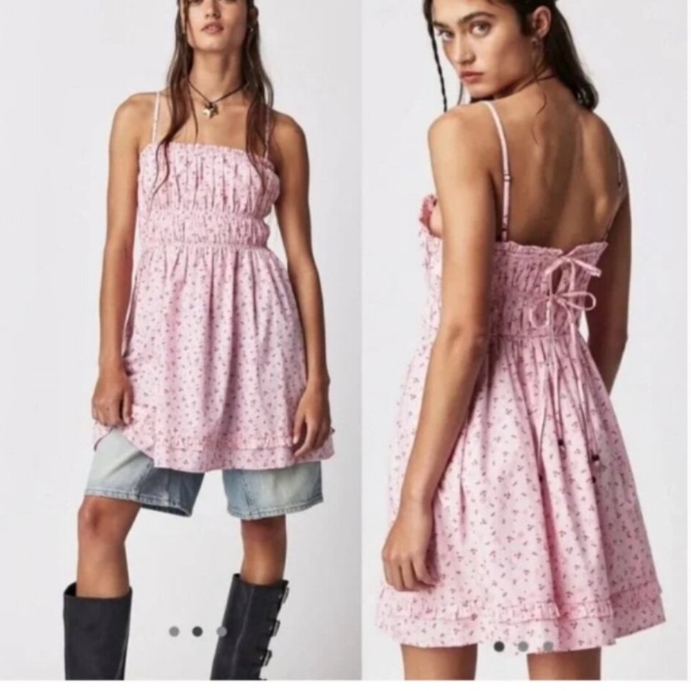 Free People pink cherry printed sun dress Sz S Small new